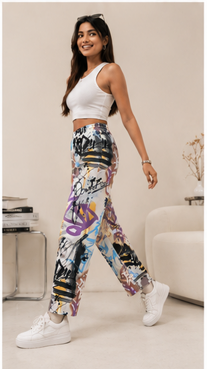 Women Graffiti Printed Wide Leg Pants – Stylish Casual Streetwear & Lounge Trousers