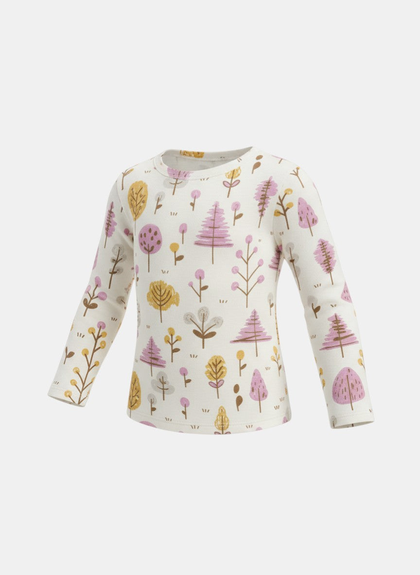 Horcun Clothing Brand cream cotton long sleeve top with all-over purple, yellow, and pink tree print.