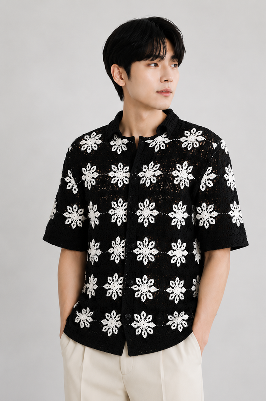 Men's Black Crochet Floral Knit Shirt – Premium Handmade Open Knit Summer Shirt