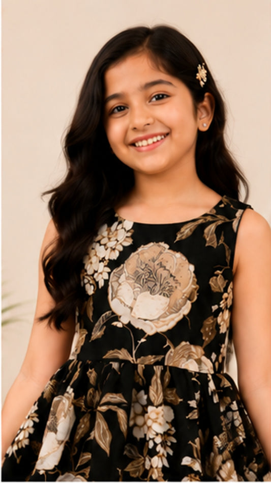 Girls Floral Fit & Flare Dress – Black & Beige Elegant Print