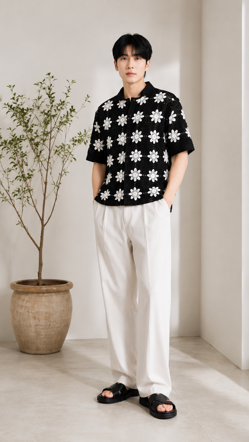 Men's Black Crochet Floral Knit Shirt – Premium Handmade Open Knit Summer Shirt