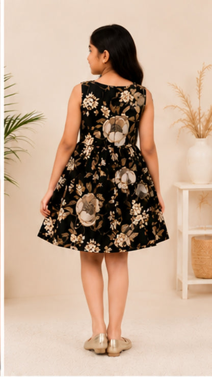 Girls Floral Fit & Flare Dress – Black & Beige Elegant Print