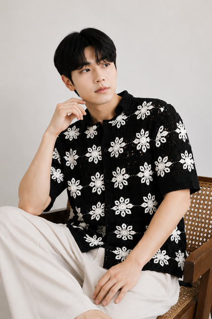 Men's Black Crochet Floral Knit Shirt – Premium Handmade Open Knit Summer Shirt
