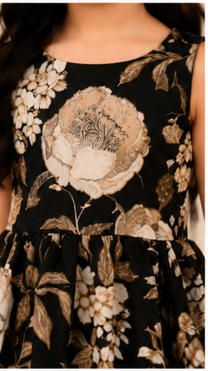 Girls Floral Fit & Flare Dress – Black & Beige Elegant Print