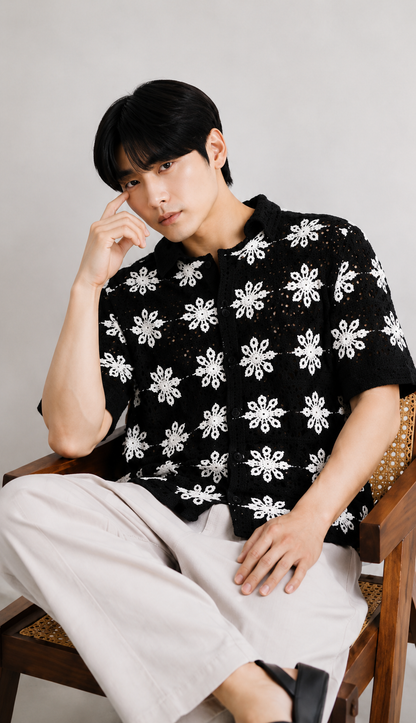 Men's Black Crochet Floral Knit Shirt – Premium Handmade Open Knit Summer Shirt