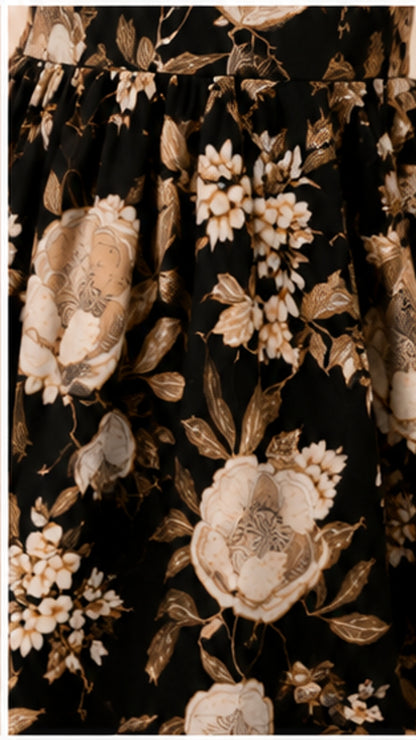 Girls Floral Fit & Flare Dress – Black & Beige Elegant Print