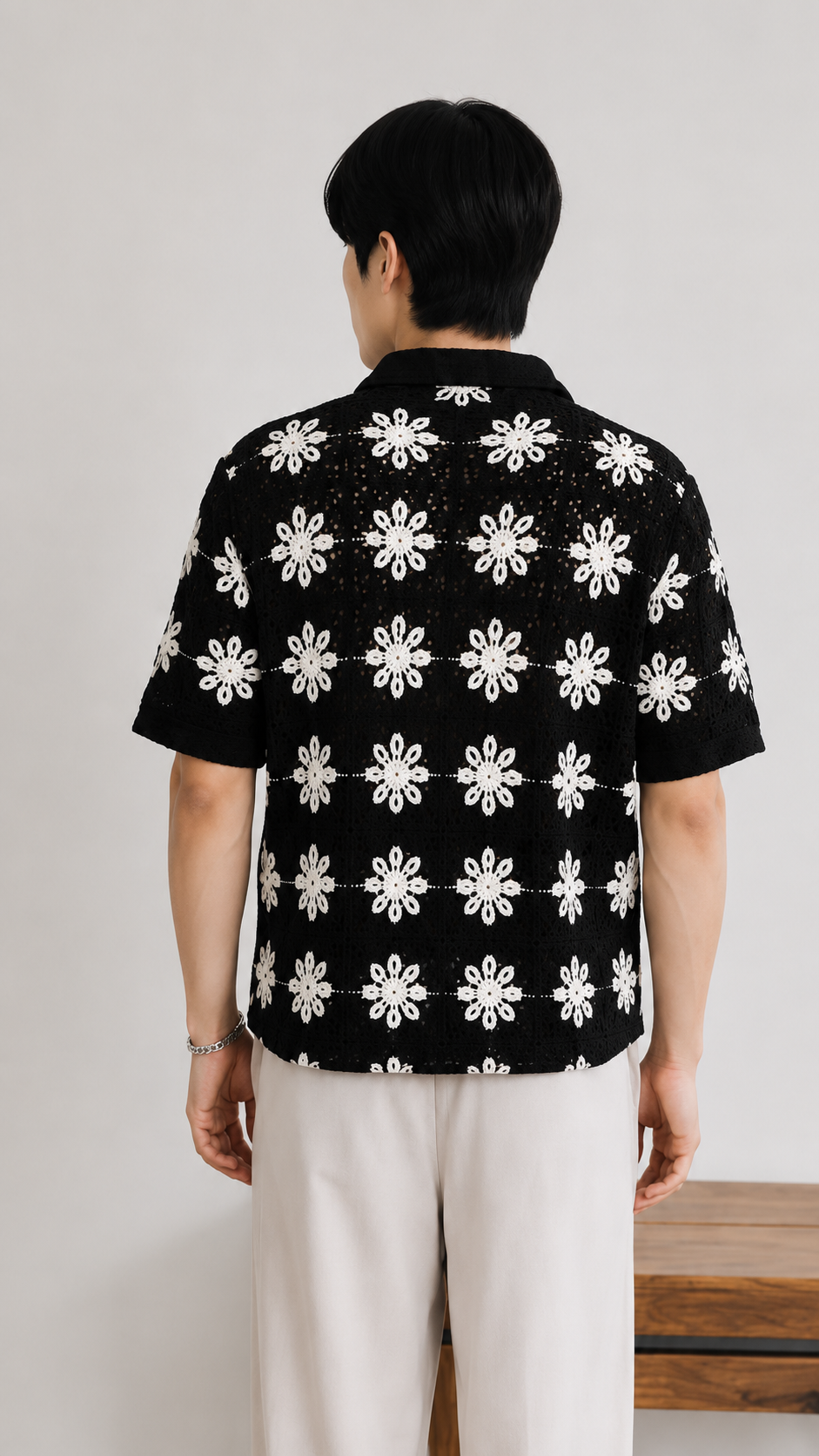 Men's Black Crochet Floral Knit Shirt – Premium Handmade Open Knit Summer Shirt
