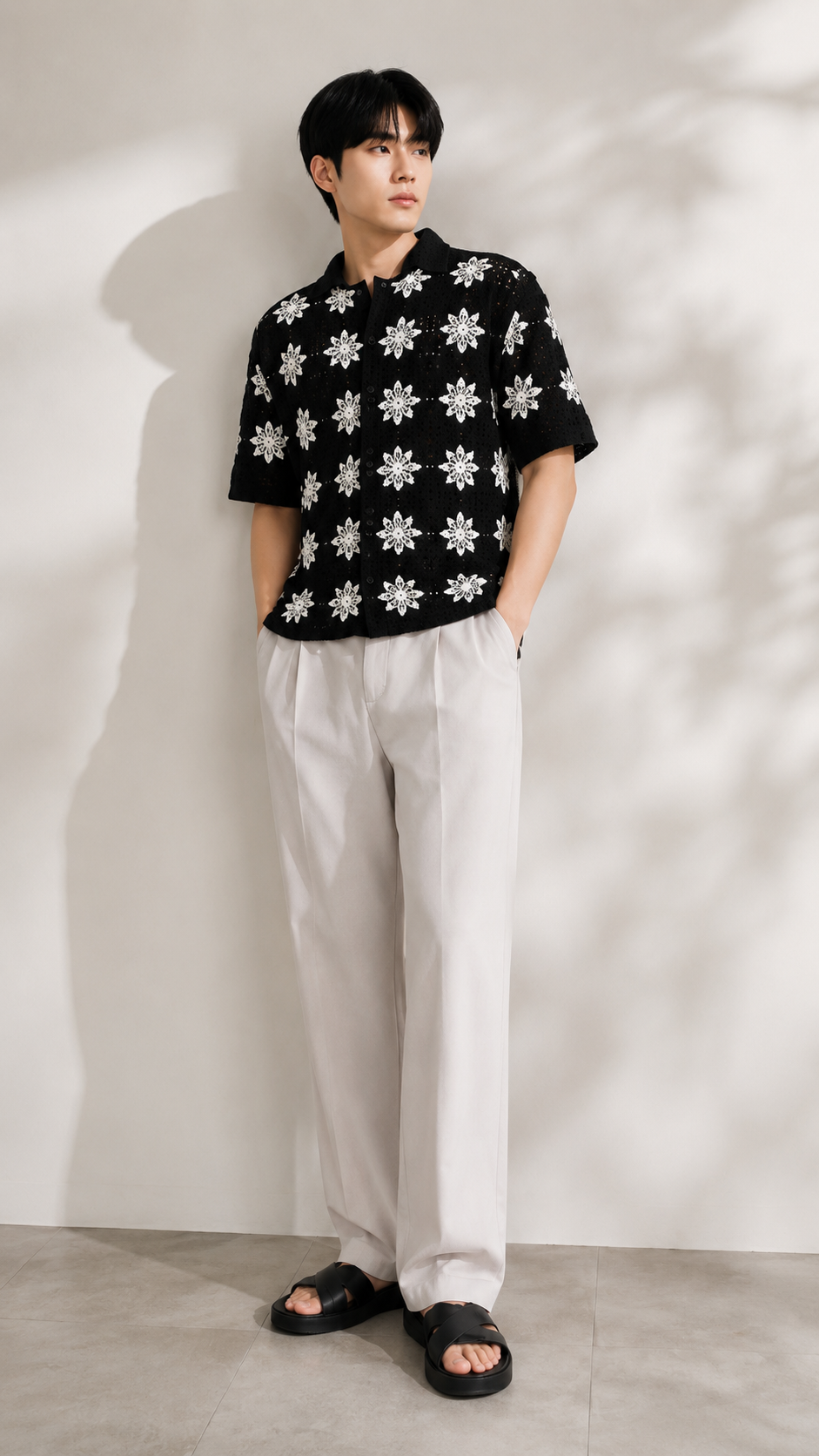 Men's Black Crochet Floral Knit Shirt – Premium Handmade Open Knit Summer Shirt