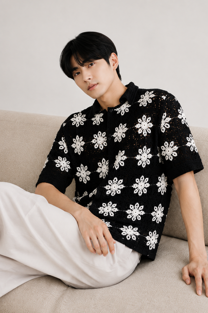 Men's Black Crochet Floral Knit Shirt – Premium Handmade Open Knit Summer Shirt
