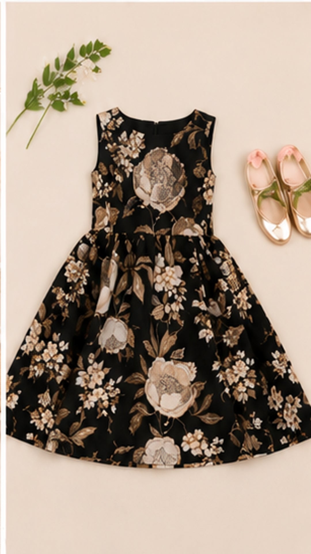 Girls Floral Fit & Flare Dress – Black & Beige Elegant Print