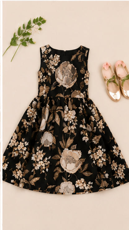Girls Floral Fit & Flare Dress – Black & Beige Elegant Print