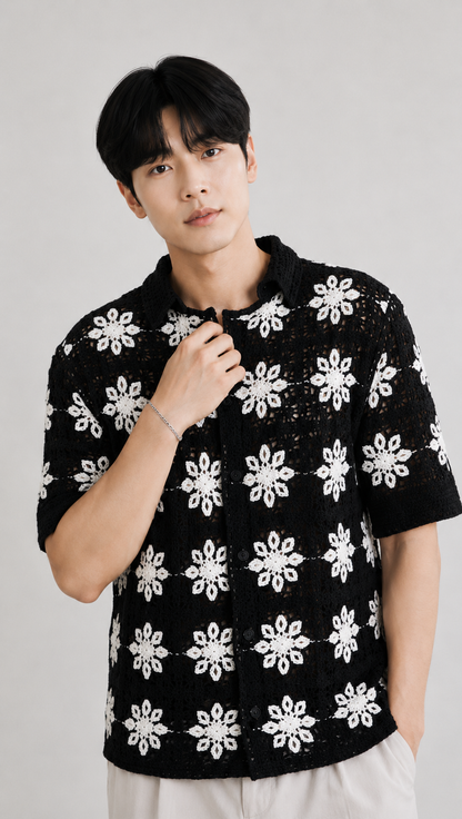 Men's Black Crochet Floral Knit Shirt – Premium Handmade Open Knit Summer Shirt