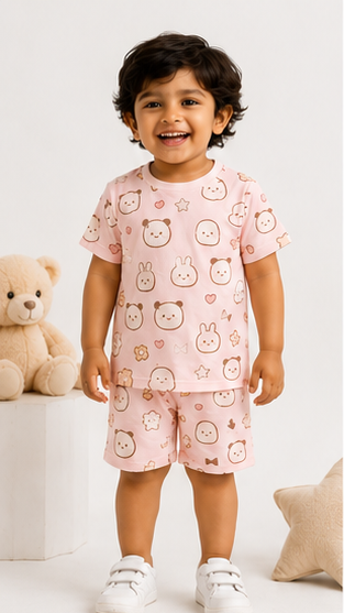 Cute Bunny & Bear Print Kids Co-Ord Set – Soft Cotton T-Shirt & Shorts Outfit for Boys & Girls