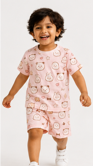 Cute Bunny & Bear Print Kids Co-Ord Set – Soft Cotton T-Shirt & Shorts Outfit for Boys & Girls