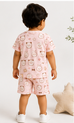Cute Bunny & Bear Print Kids Co-Ord Set – Soft Cotton T-Shirt & Shorts Outfit for Boys & Girls