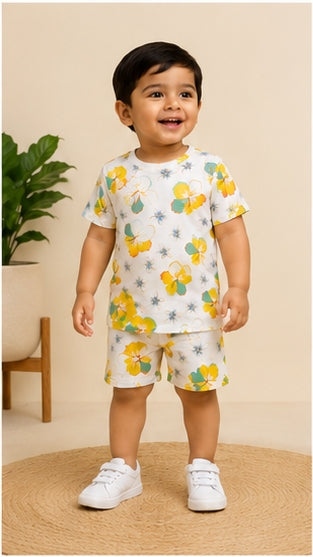 Tropical Floral Print Kids Co-Ord Set – Soft Cotton T-Shirt & Shorts Summer Outfit for Boys & Girls