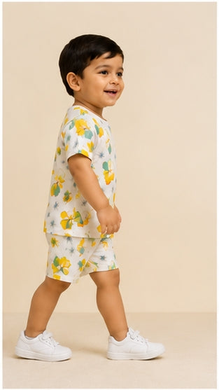 Tropical Floral Print Kids Co-Ord Set – Soft Cotton T-Shirt & Shorts Summer Outfit for Boys & Girls