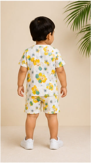 Tropical Floral Print Kids Co-Ord Set – Soft Cotton T-Shirt & Shorts Summer Outfit for Boys & Girls