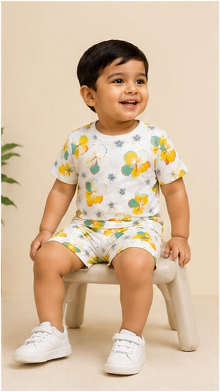 Tropical Floral Print Kids Co-Ord Set – Soft Cotton T-Shirt & Shorts Summer Outfit for Boys & Girls