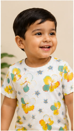 Tropical Floral Print Kids Co-Ord Set – Soft Cotton T-Shirt & Shorts Summer Outfit for Boys & Girls