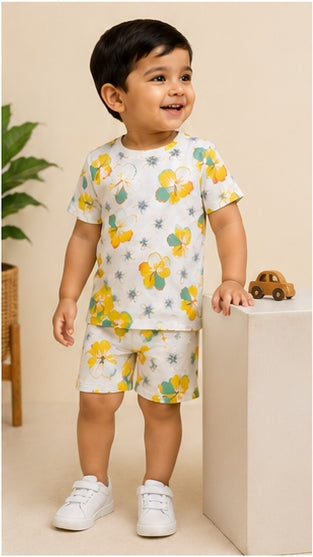 Tropical Floral Print Kids Co-Ord Set – Soft Cotton T-Shirt & Shorts Summer Outfit for Boys & Girls