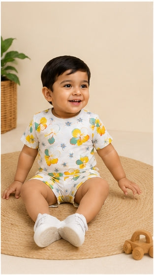 Tropical Floral Print Kids Co-Ord Set – Soft Cotton T-Shirt & Shorts Summer Outfit for Boys & Girls