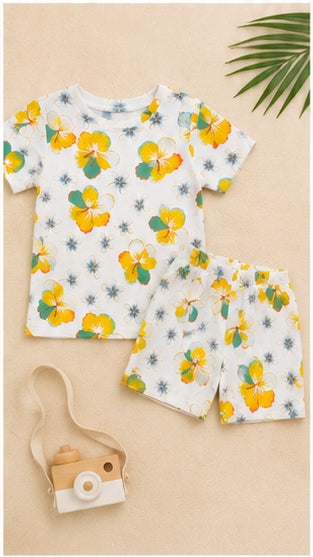 Tropical Floral Print Kids Co-Ord Set – Soft Cotton T-Shirt & Shorts Summer Outfit for Boys & Girls