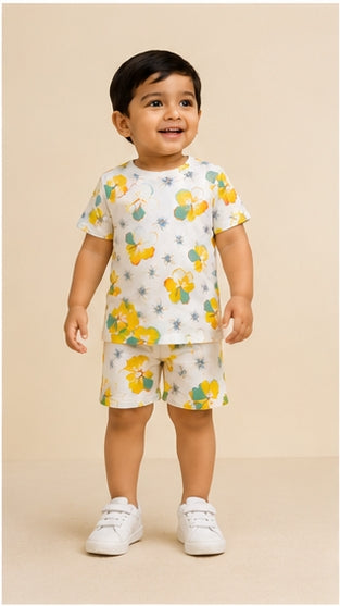 Tropical Floral Print Kids Co-Ord Set – Soft Cotton T-Shirt & Shorts Summer Outfit for Boys & Girls