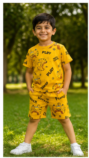 Gaming Controller Print Kids Co-Ord Set – Yellow Cotton T-Shirt & Shorts Summer Outfit for Boys