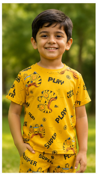 Gaming Controller Print Kids Co-Ord Set – Yellow Cotton T-Shirt & Shorts Summer Outfit for Boys