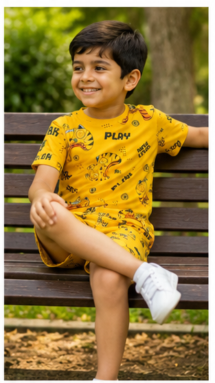Gaming Controller Print Kids Co-Ord Set – Yellow Cotton T-Shirt & Shorts Summer Outfit for Boys