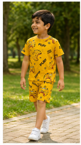 Gaming Controller Print Kids Co-Ord Set – Yellow Cotton T-Shirt & Shorts Summer Outfit for Boys