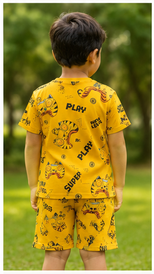 Gaming Controller Print Kids Co-Ord Set – Yellow Cotton T-Shirt & Shorts Summer Outfit for Boys