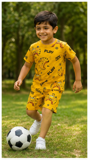 Gaming Controller Print Kids Co-Ord Set – Yellow Cotton T-Shirt & Shorts Summer Outfit for Boys