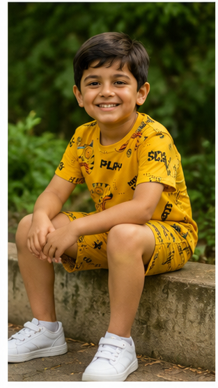 Gaming Controller Print Kids Co-Ord Set – Yellow Cotton T-Shirt & Shorts Summer Outfit for Boys