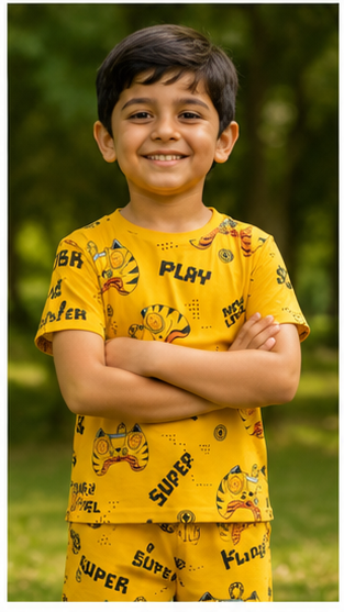 Gaming Controller Print Kids Co-Ord Set – Yellow Cotton T-Shirt & Shorts Summer Outfit for Boys