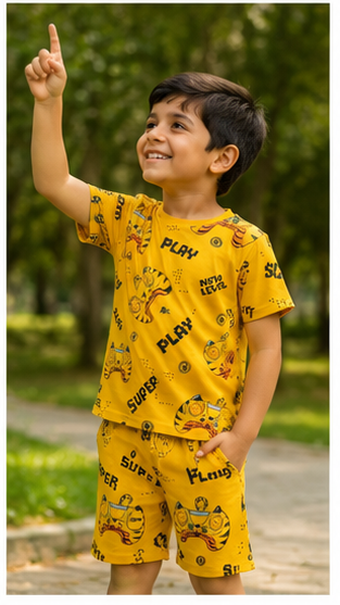 Gaming Controller Print Kids Co-Ord Set – Yellow Cotton T-Shirt & Shorts Summer Outfit for Boys