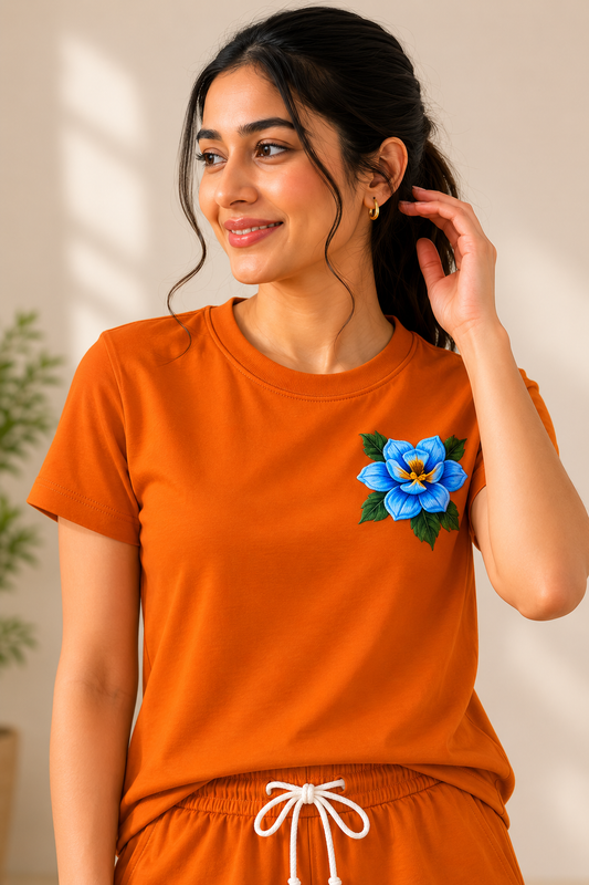 Women’s Rust Orange Co-Ord Set with Floral Embroidery – Cotton Casual T-Shirt & Shorts Lounge Wear