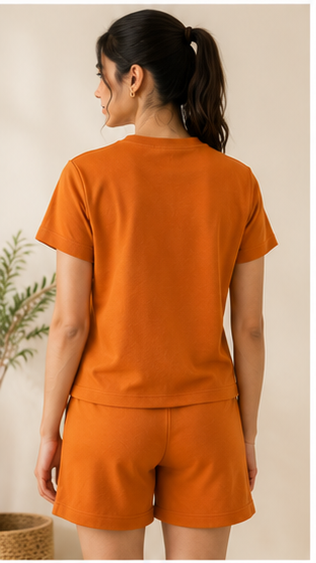 Women’s Rust Orange Co-Ord Set with Floral Embroidery – Cotton Casual T-Shirt & Shorts Lounge Wear