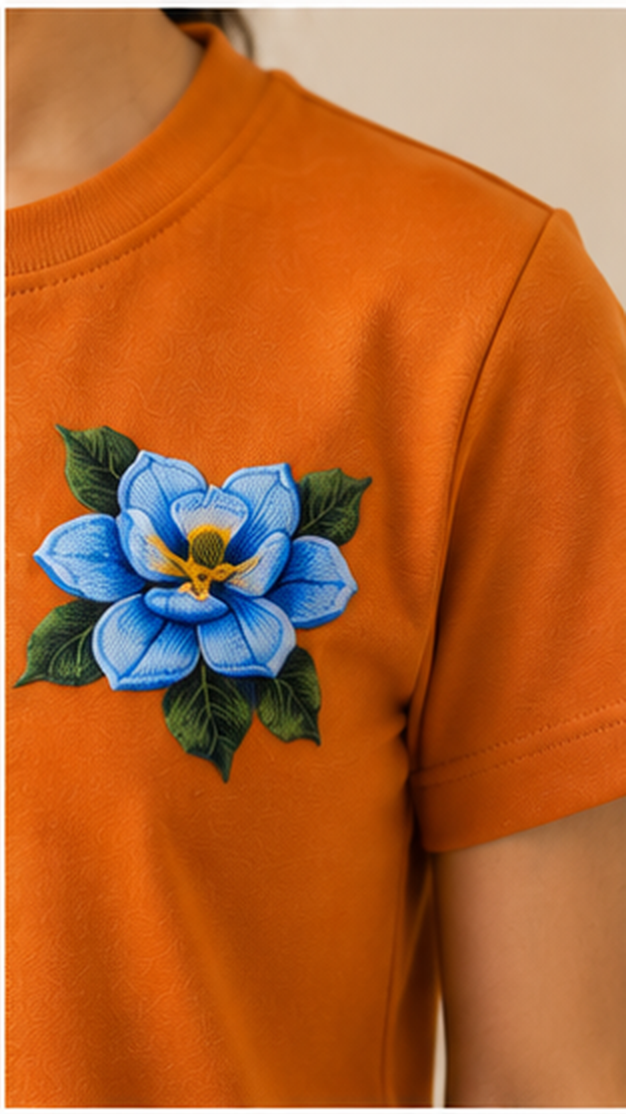 Women’s Rust Orange Co-Ord Set with Floral Embroidery – Cotton Casual T-Shirt & Shorts Lounge Wear