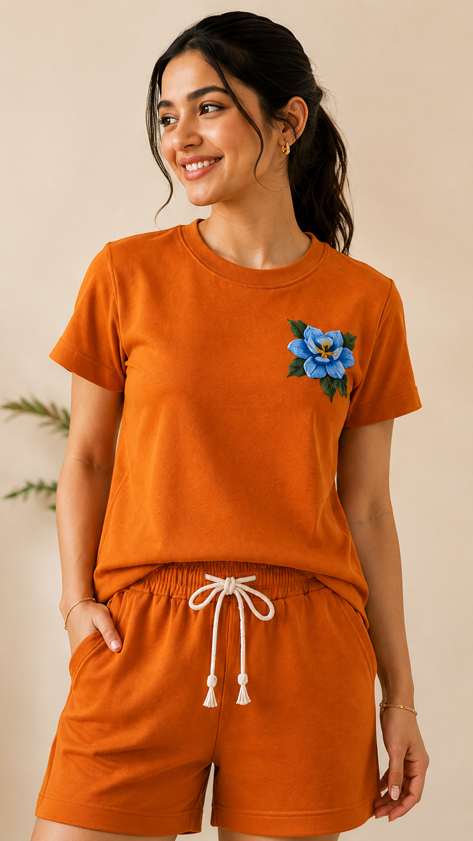 Women’s Rust Orange Co-Ord Set with Floral Embroidery – Cotton Casual T-Shirt & Shorts Lounge Wear