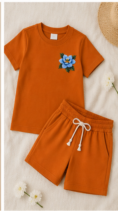 Women’s Rust Orange Co-Ord Set with Floral Embroidery – Cotton Casual T-Shirt & Shorts Lounge Wear
