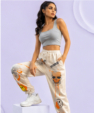 Women Beige Graphic Printed Joggers – Stylish Casual Streetwear & Lounge Pants