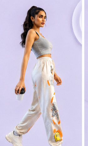 Women Beige Graphic Printed Joggers – Stylish Casual Streetwear & Lounge Pants
