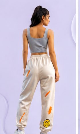 Women Beige Graphic Printed Joggers – Stylish Casual Streetwear & Lounge Pants