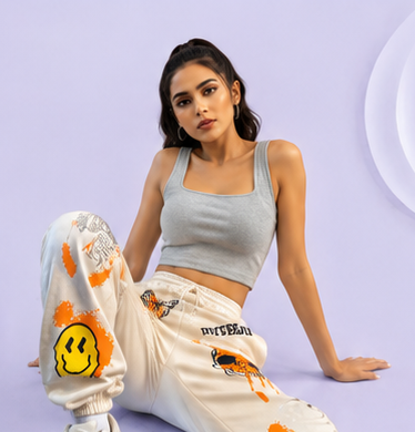 Women Beige Graphic Printed Joggers – Stylish Casual Streetwear & Lounge Pants