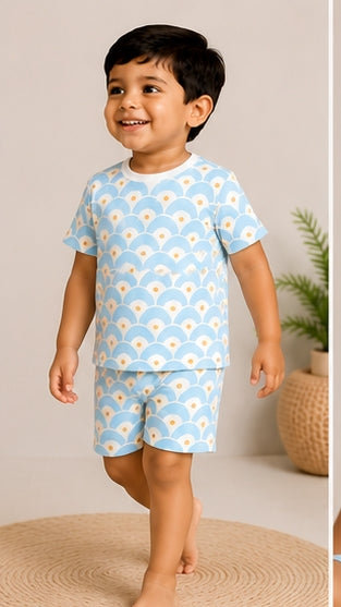 Sky Blue Scallop Print Kids Co-Ord Set | Soft Cotton Summer Outfit for Boys & Girls