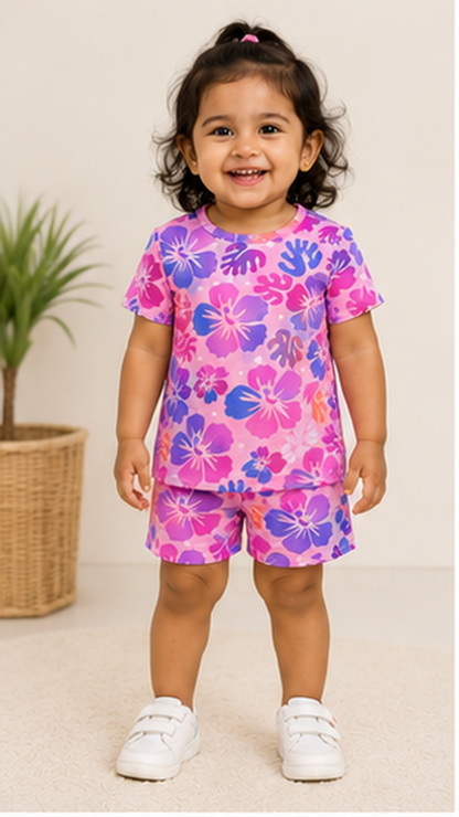 Tropical Floral Kids Co-Ord Set – Pink & Purple Hibiscus Printed T-Shirt & Shorts for Girls