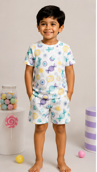 Kids Candy Print Co-ord Set | Cute Lollipop & Sweet Treat T-Shirt & Shorts Summer Outfit for Boys & Girls