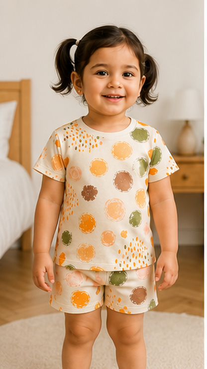 Abstract Polka Dot Kids Co-Ord Set – Soft Cotton Printed T-Shirt & Shorts for Girls